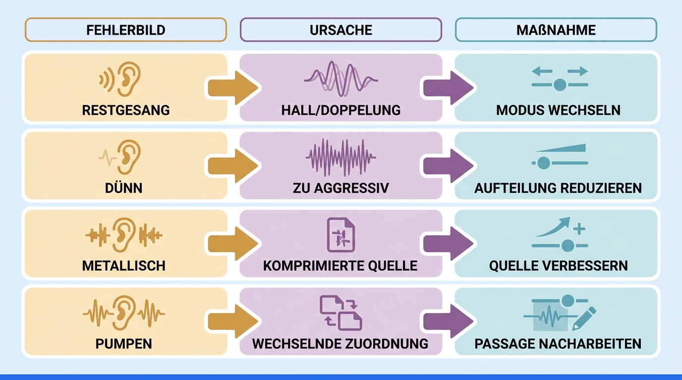 Diagnosefluss für Restgesang, dünnes Instrumental, metallische Ränder und pumpenden Pegel mit Ursach