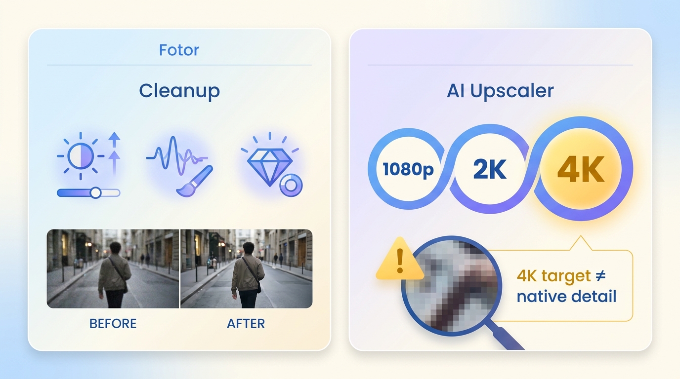 Fotor Video Enhancer cleanup compared with AI Video Upscaler output targets