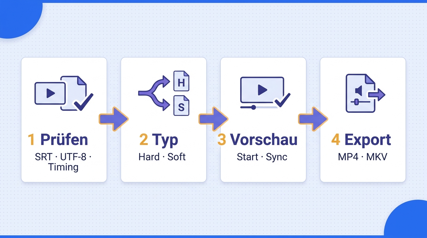 Der Vier-Schritte-Ablauf entdeckt Datei-, Timing- und Kodierungsfehler vor der finalen Ausgabe.