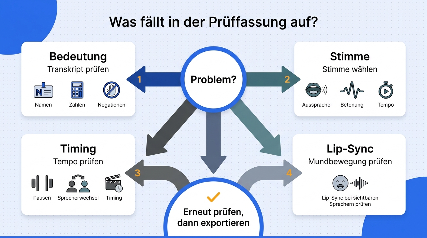 Diagnosefluss für AI-Dubbing-Fehler mit getrennten Pfaden für Bedeutung, Stimme, Timing und Lip-Sync