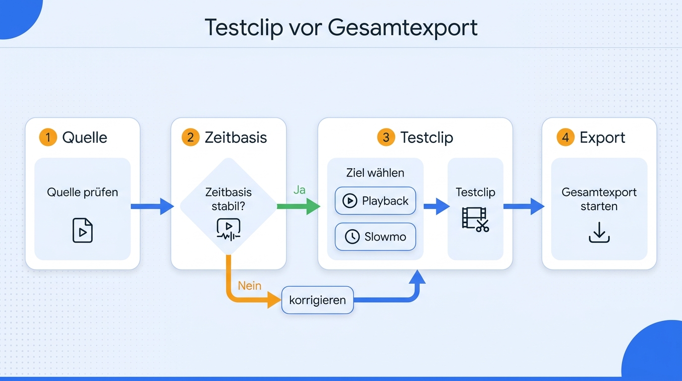 Erst wenn Laufzeit, Ton, Gesichter, Konturen und Schrift im Testclip stabil bleiben, lohnt sich der 