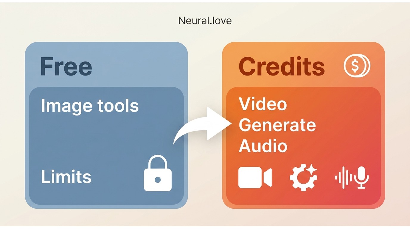 Neural.love Free access compared with credit-based image, video, and audio tools