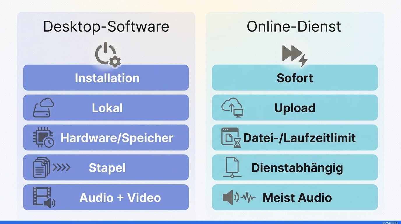 Vergleich von Desktop-Software und Online-Vocal-Removern bei Start, Datenschutz, Grenzen, mehreren D