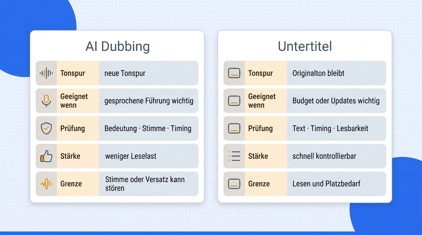 Vergleichsmatrix mit Entscheidungskriterien für AI Dubbing und Untertitel bei der Videolokalisierung