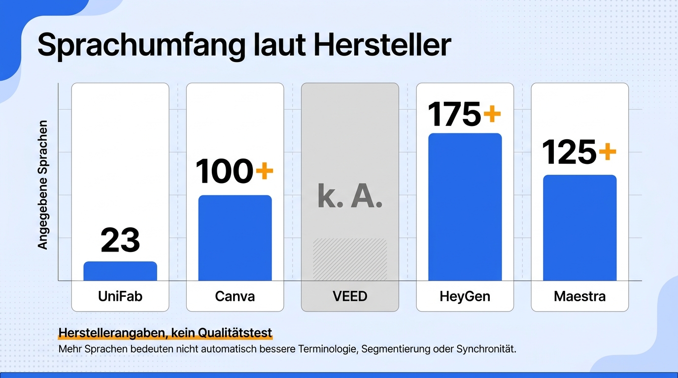Sprachumfang laut Hersteller ist ein Filter, aber kein Qualitätsnachweis für Deutsch, Fachbegriffe o