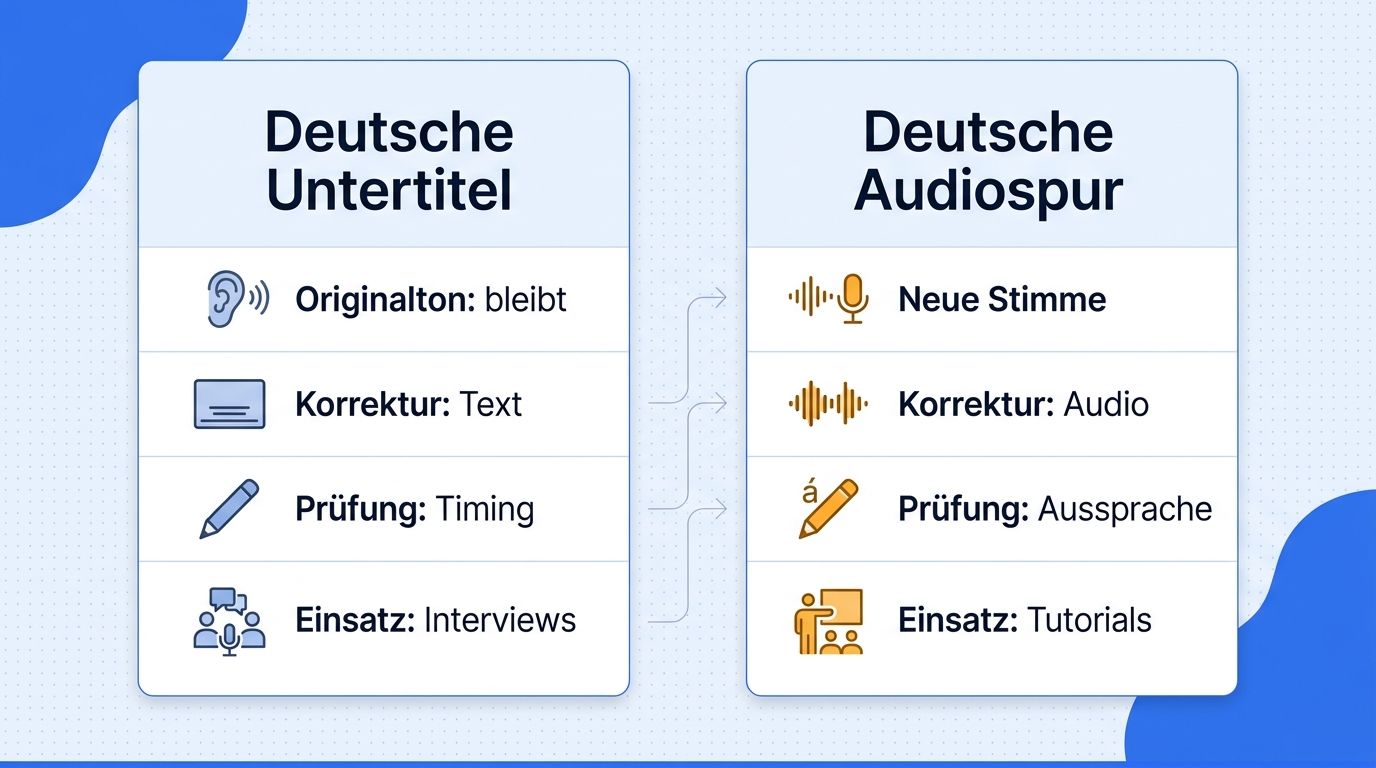 Vergleichsmatrix für deutsche Untertitel und deutsche Audiospur mit Kriterien zu Stimme, Korrektur u