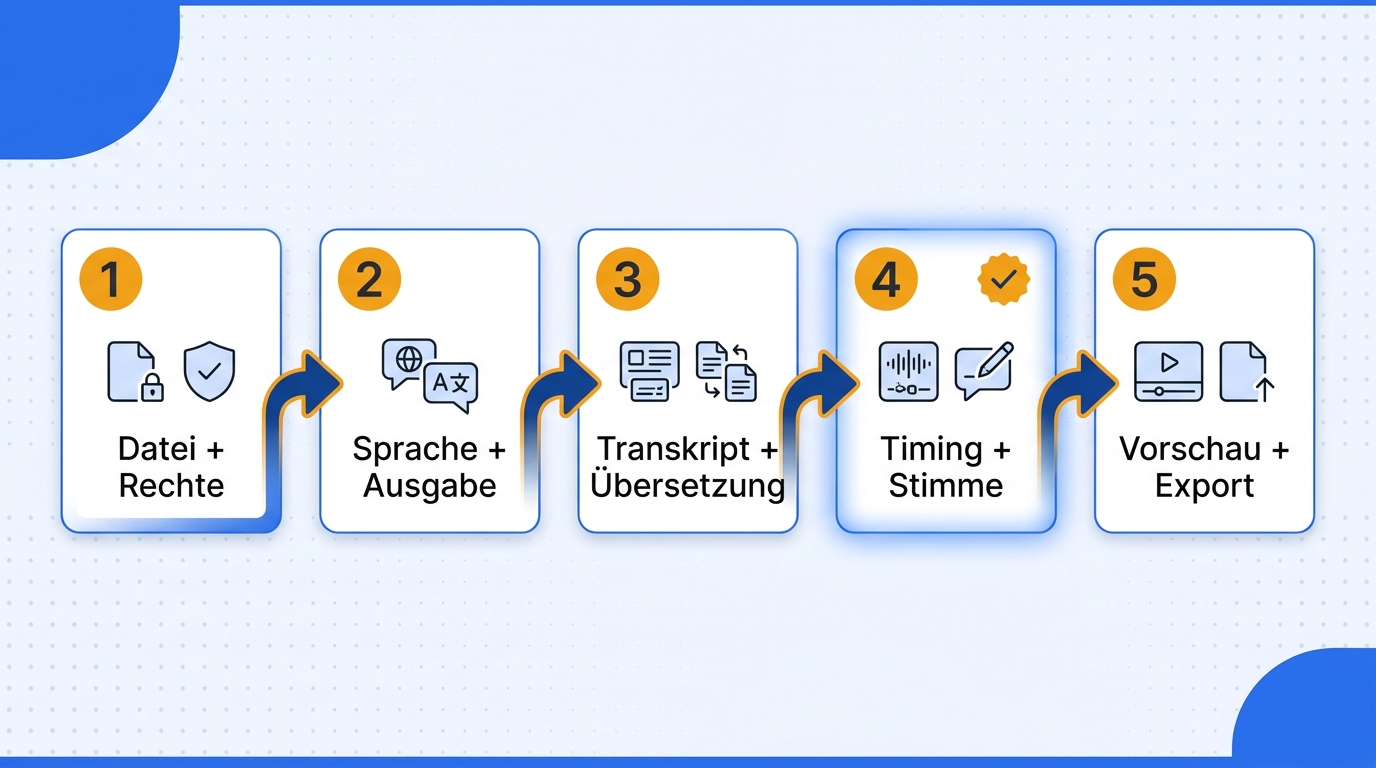 Fünf-Schritte-Zeitleiste von Datei- und Rechteprüfung über Übersetzung und Korrektur bis zum Exportt