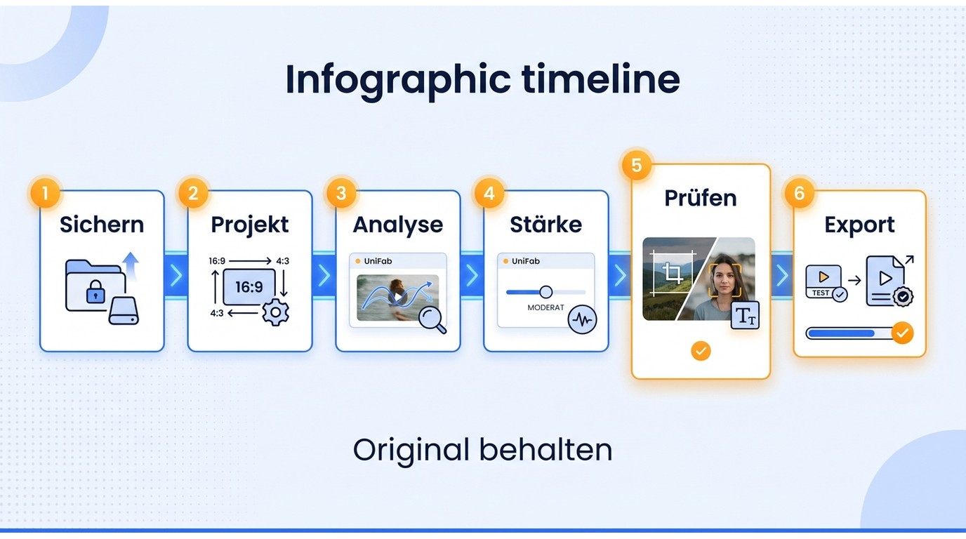 Horizontale Zeitleiste mit sechs Schritten für einen kontrollierten Desktop-Workflow zur Videostabil