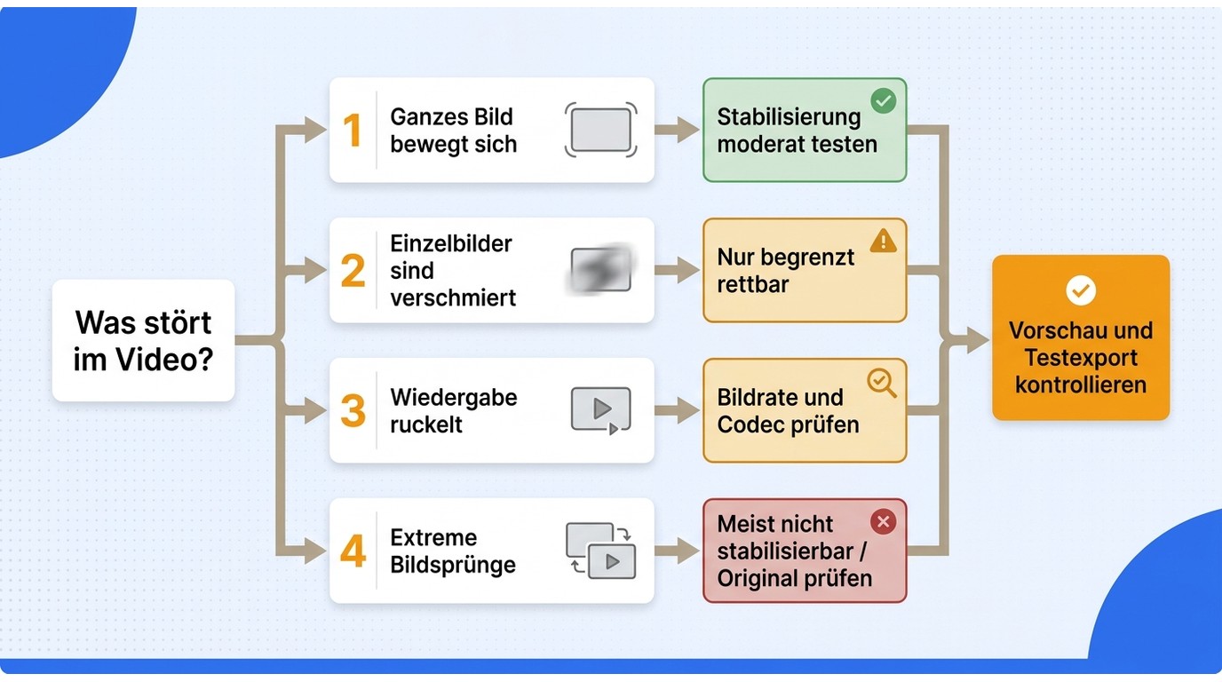 Diagnosefluss zur Unterscheidung von Kamerawackeln, Bewegungsunschärfe, Wiedergaberuckeln und extrem