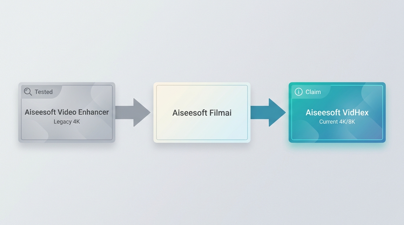 Timeline separating legacy Aiseesoft Video Enhancer tests from current VidHex 4K and 8K claims.
