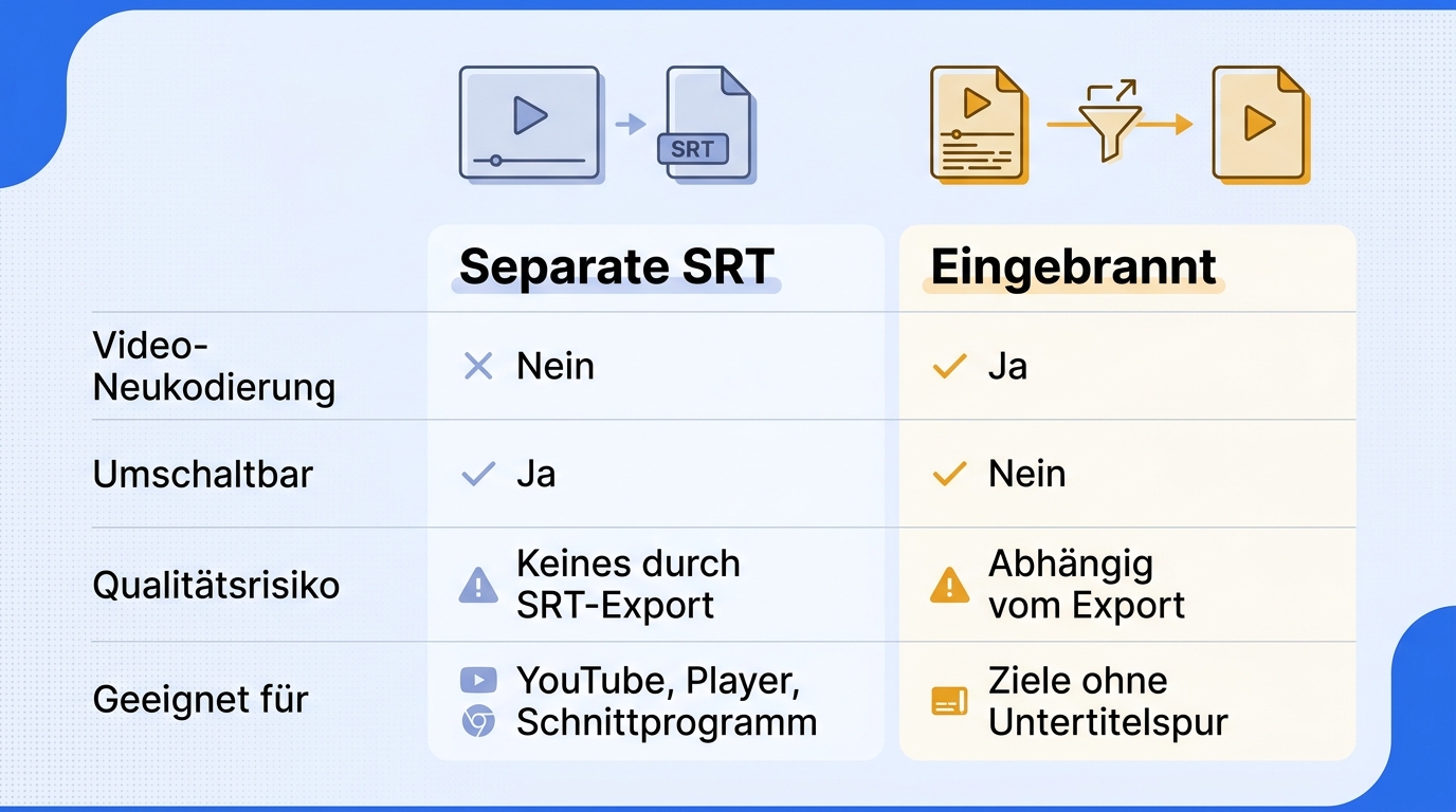 Vergleich zwischen separater SRT-Datei ohne Videoneukodierung und eingebrannten Untertiteln mit neue