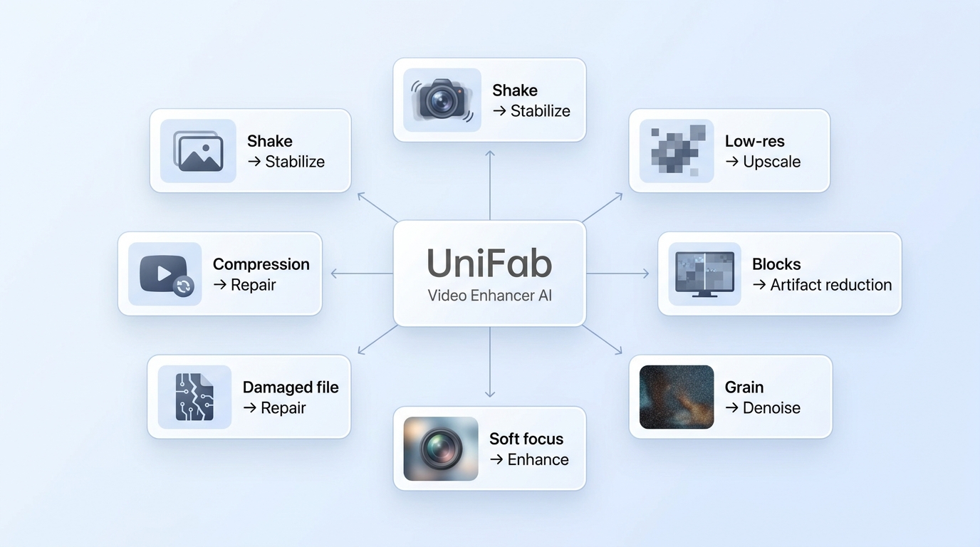 Six blurry-video causes matched with stabilization, upscaling, denoising, repair, and UniFab treatme
