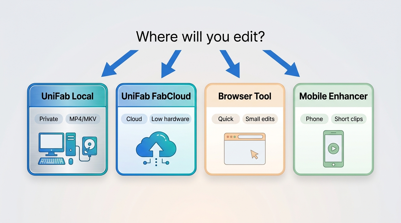 Comparison of UniFab Local, FabCloud, browser tools, and mobile enhancers by control and processing