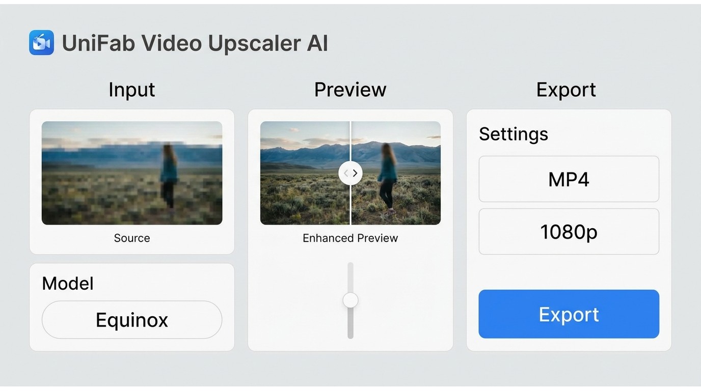 UniFab workflow for previewing a blurry MP4, choosing a model, and exporting at 1080p.