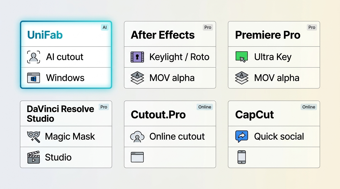 Tool selection for UniFab, After Effects, Premiere Pro, DaVinci Resolve Studio, Cutout.Pro, and CapC