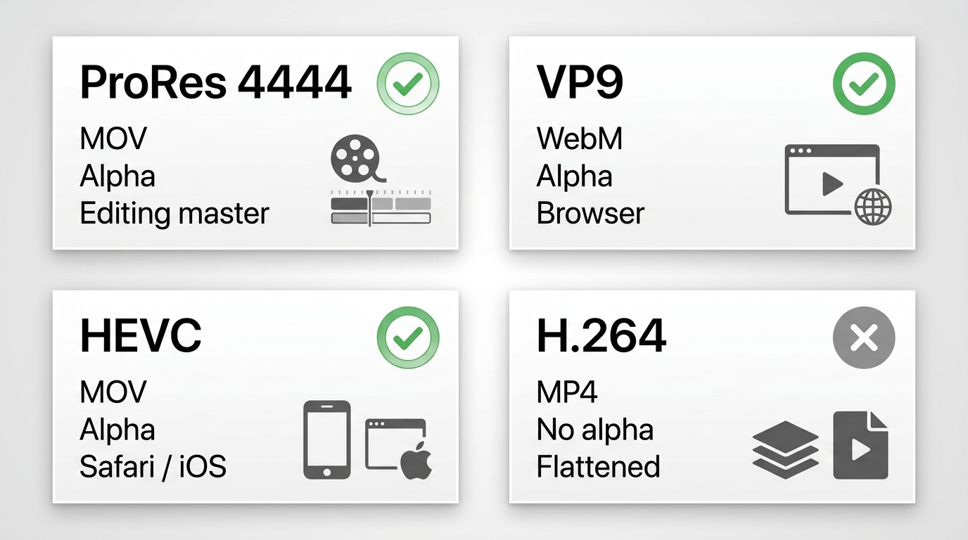 Transparent video formats compared: ProRes 4444, VP9 WebM, HEVC alpha, and H.264 MP4.