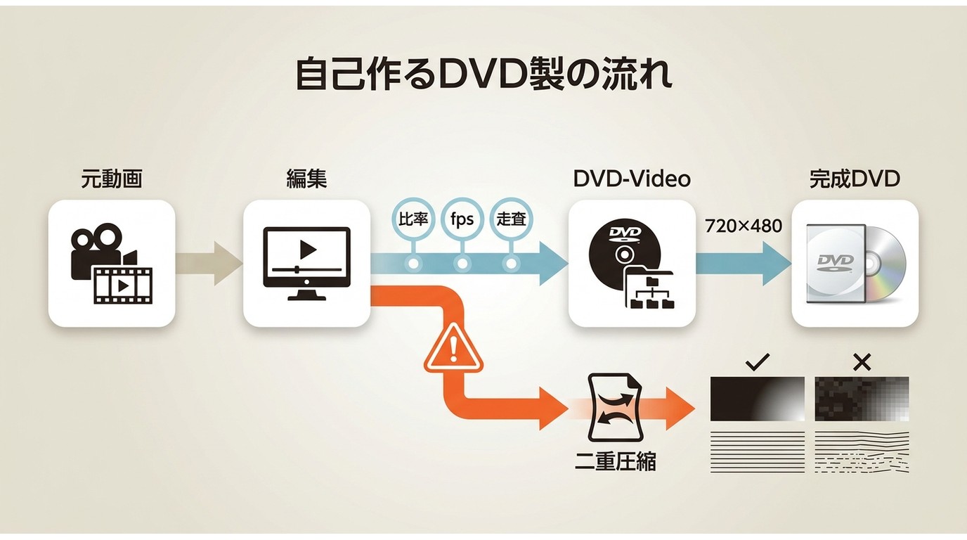 元動画からDVD-Videoへ設定をそろえ二重圧縮を避ける流れ