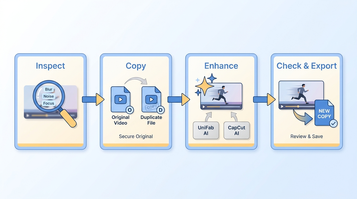 Four steps for diagnosing blur, enhancing video, checking motion, and exporting a new copy.