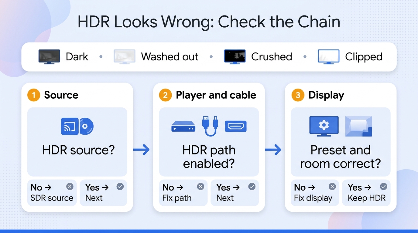 Diagnose dark, washed-out, crushed, or clipped HDR by checking the source-to-display chain in a usef