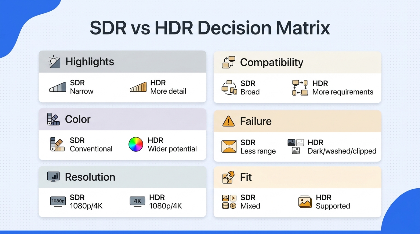 Decision matrix comparing SDR and HDR for tonal range, color, resolution, compatibility, common fail