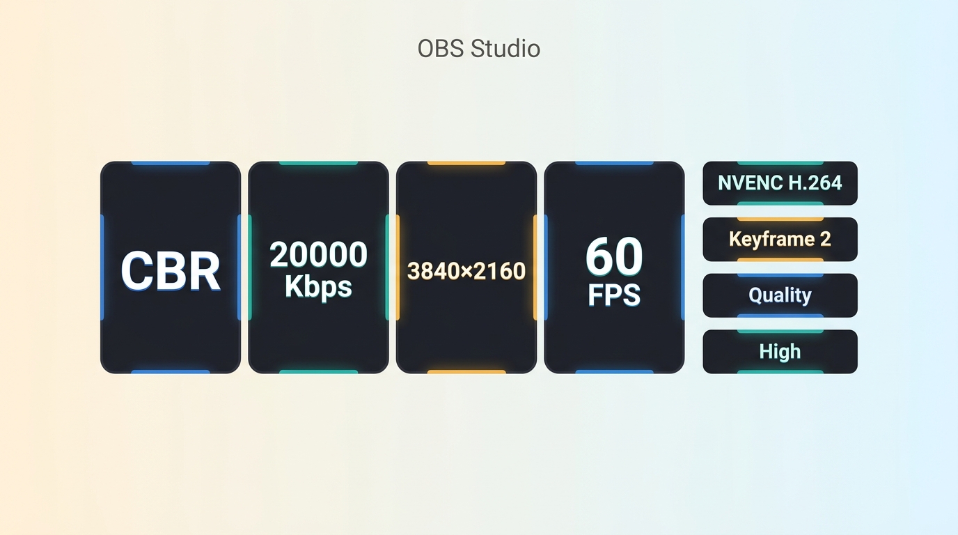 OBS 4K live-stream settings with CBR, 20000 Kbps, 3840×2160, and 60 FPS.
