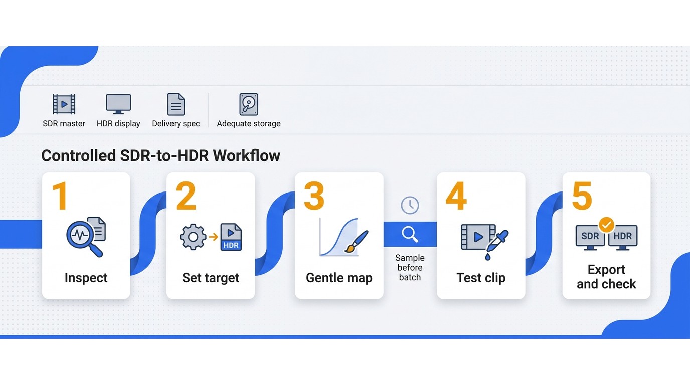 A safe SDR-to-HDR workflow validates a representative sample before any long export or batch.