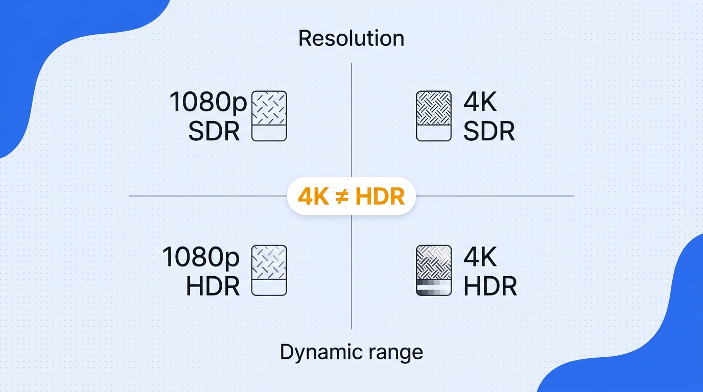 Two-axis matrix showing 1080p and 4K on the resolution axis and SDR and HDR on the dynamic-range axi