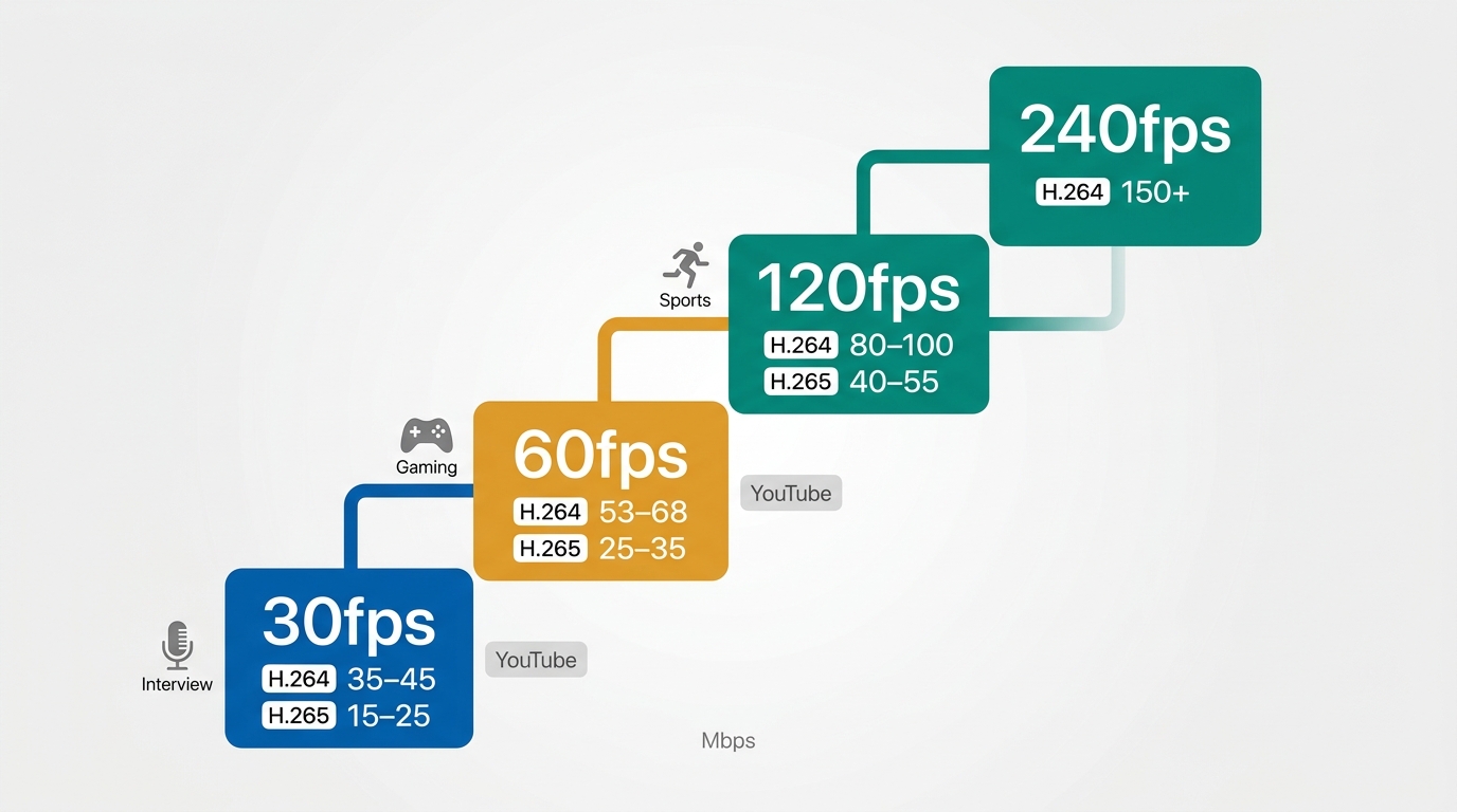4K H.264 and H.265 bitrate targets rise from 30fps to 240fps.