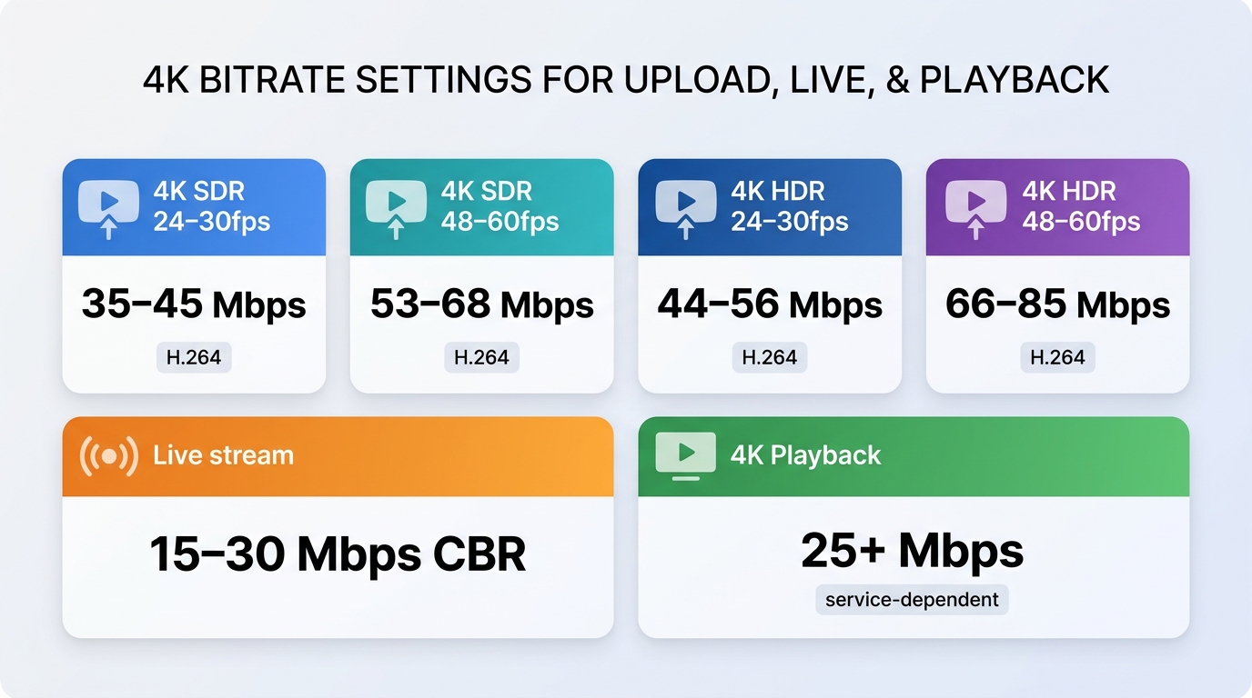 4K bitrate ranges for YouTube uploads, live streams, and playback by frame rate.