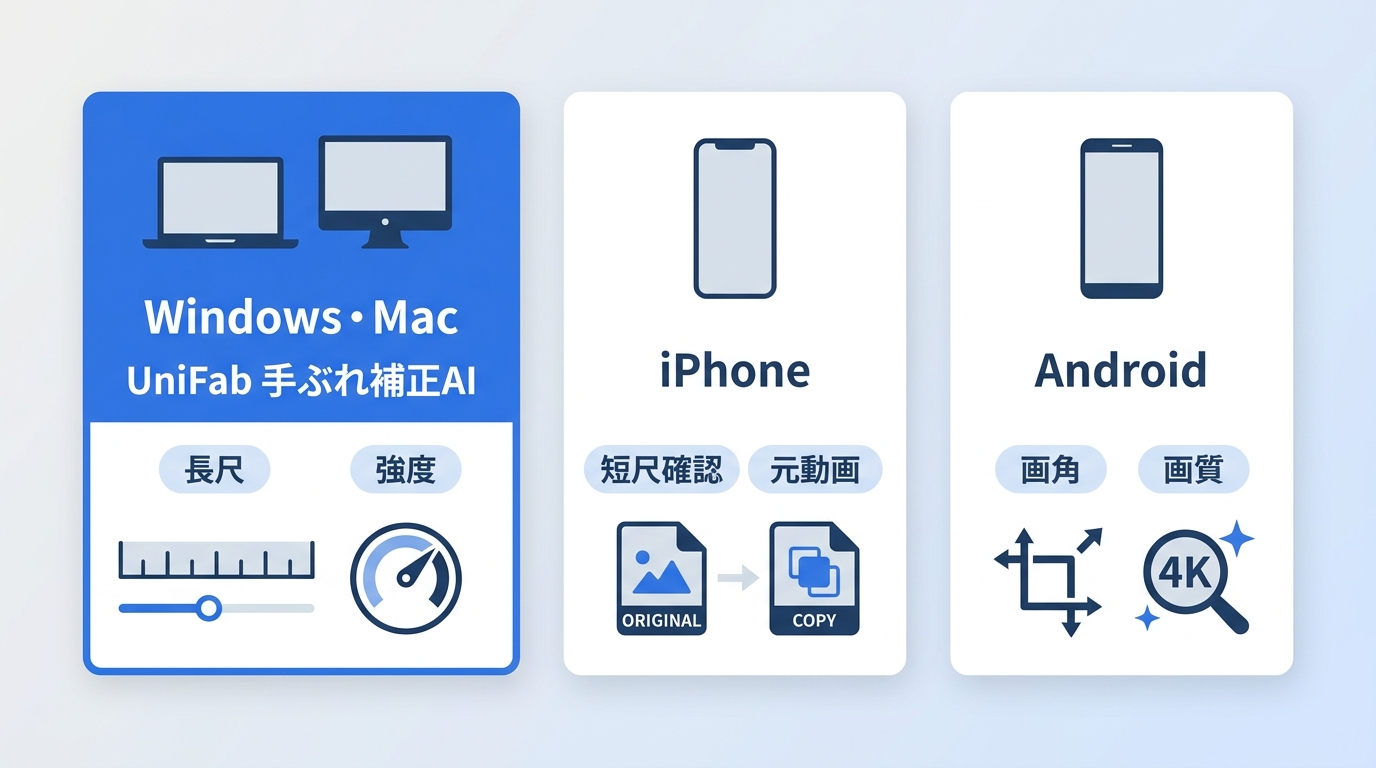 PCのUniFab手ぶれ補正AIとiPhone・Androidでの確認項目
