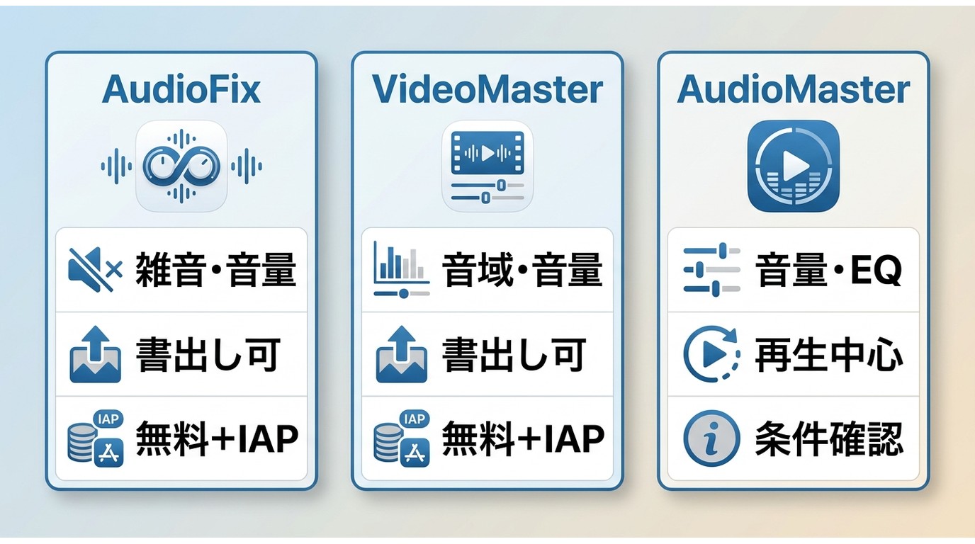 AudioFix・VideoMaster・AudioMasterの用途と保存機能の比較