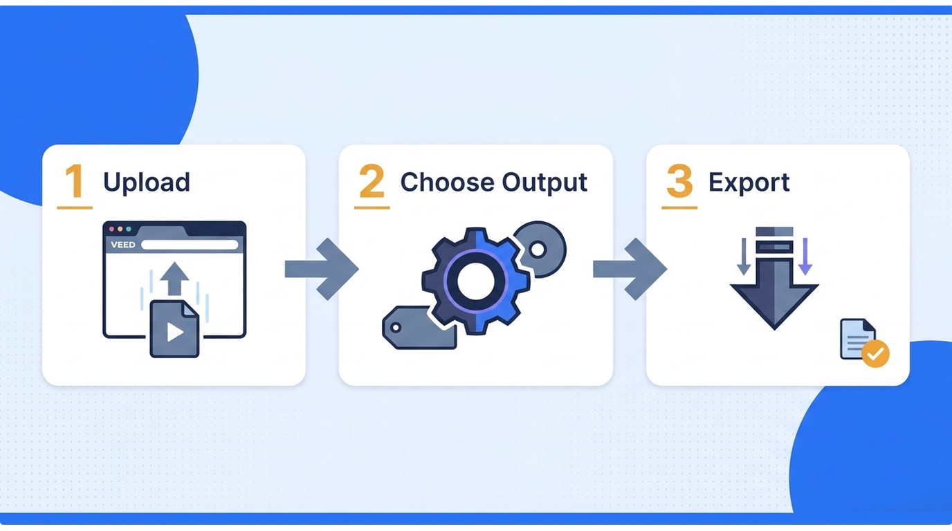 Three-step video conversion timeline from uploading a source file to choosing output and downloading
