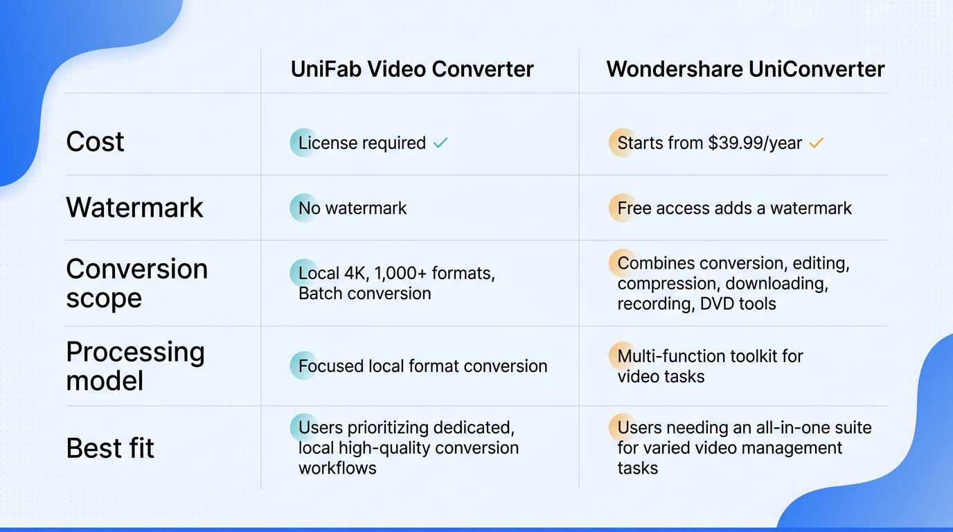 Wondershare emphasizes a broader media toolbox; UniFab Video Converter emphasizes free, no-watermark