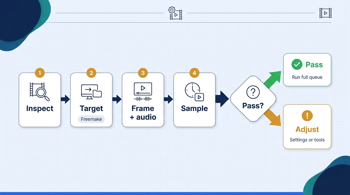 Run a short sample through framing, audio, subtitle, duration, and destination-playback checks befor