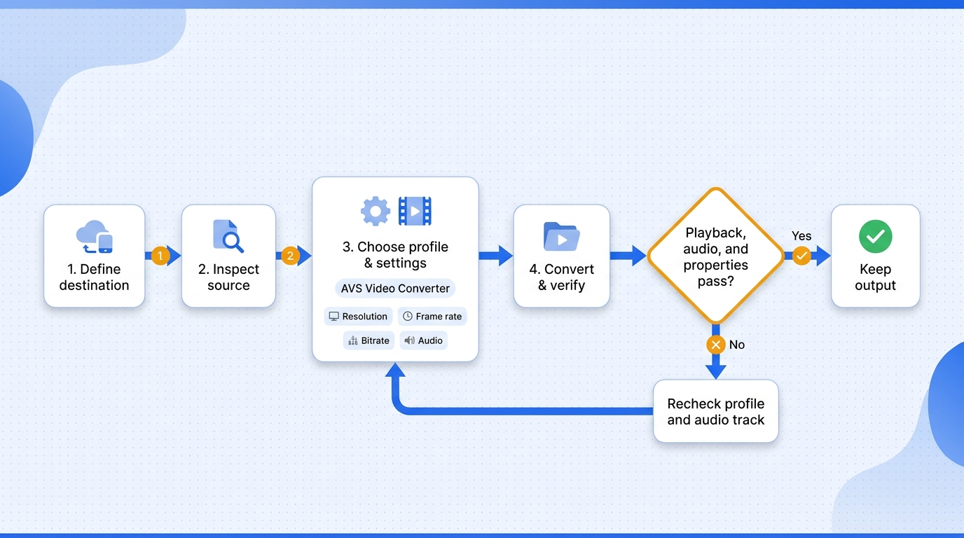 Choose settings for the destination first, then verify the finished file and loop back if playback o
