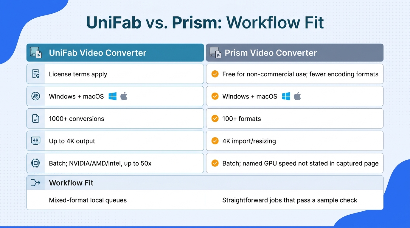 Help readers choose UniFab or Prism by license, platform, format breadth, output wording, and accele