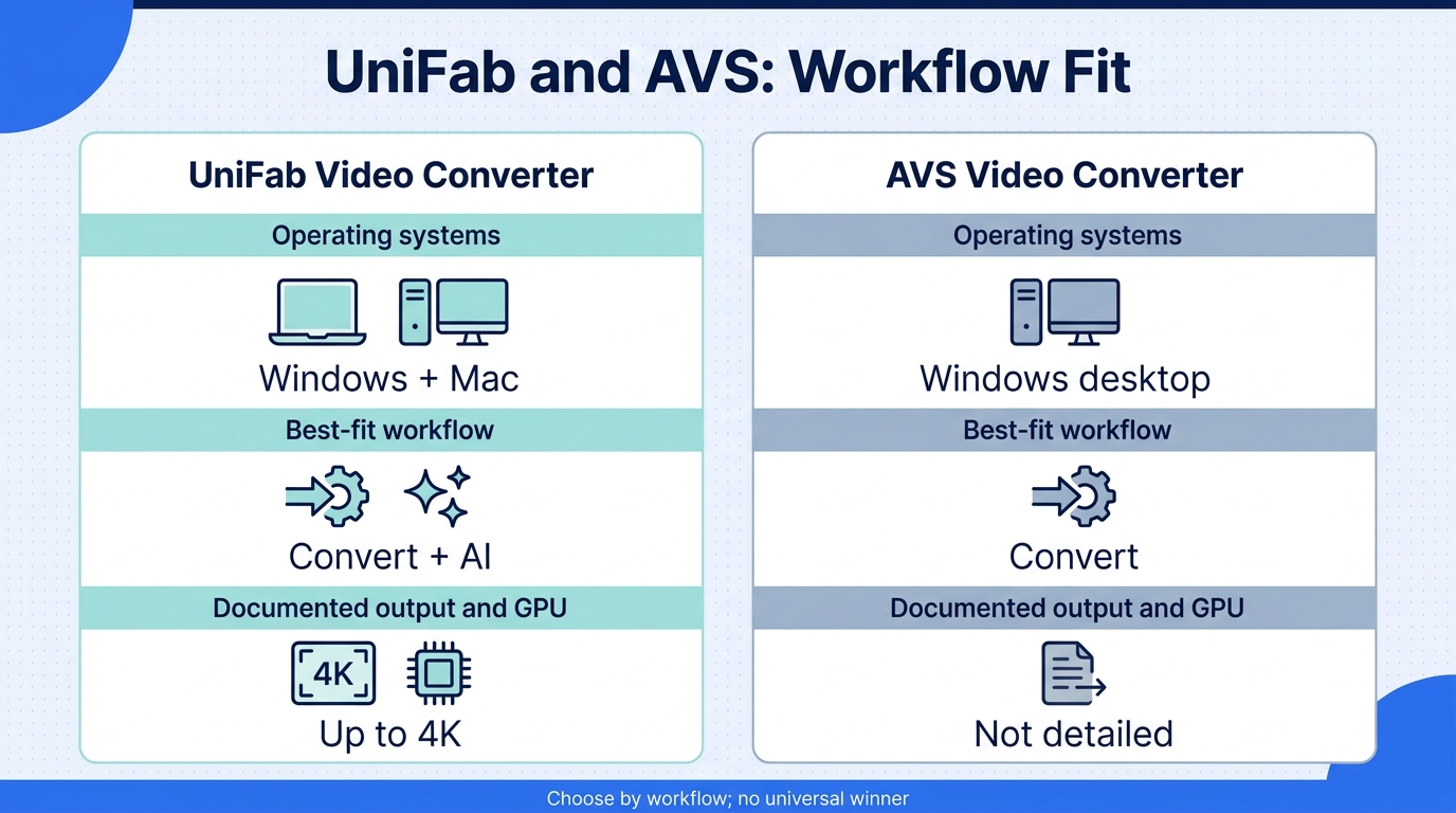 AVS fits straightforward Windows preset jobs; UniFab adds Mac access, mixed-file batching, and a doc