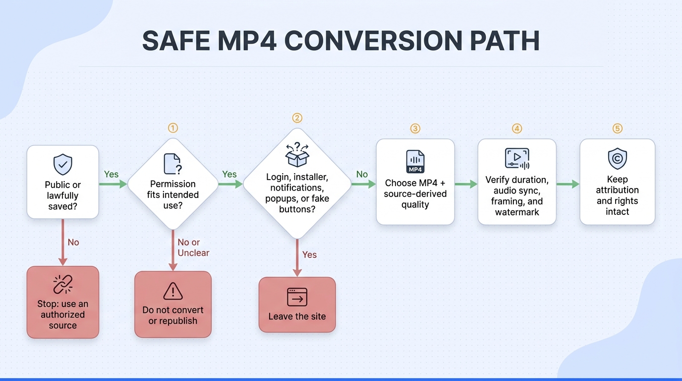 A safe MP4 workflow has stop points for unclear rights, login or installer demands, fake controls, a
