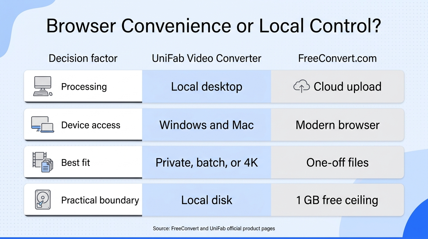 Comparison matrix showing when UniFab local conversion or FreeConvert browser conversion fits a vide
