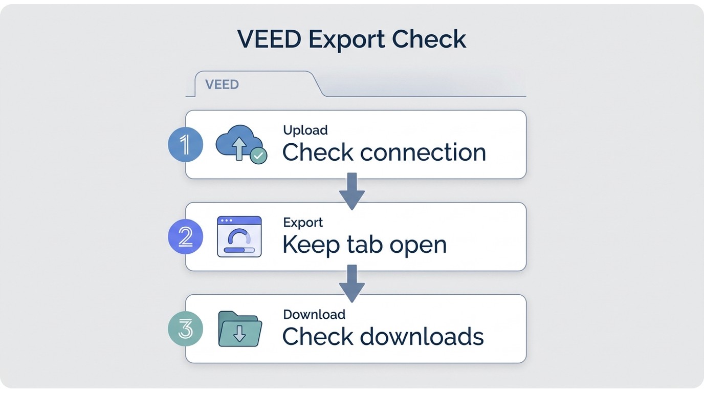 Diagnostic flowchart for a VEED export that shows no progress or produces no downloaded file.