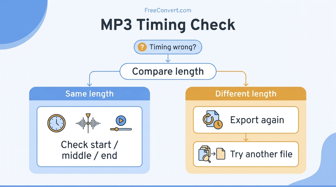 Diagnostic flowchart for checking an MP3 whose duration or synchronization differs from the source f