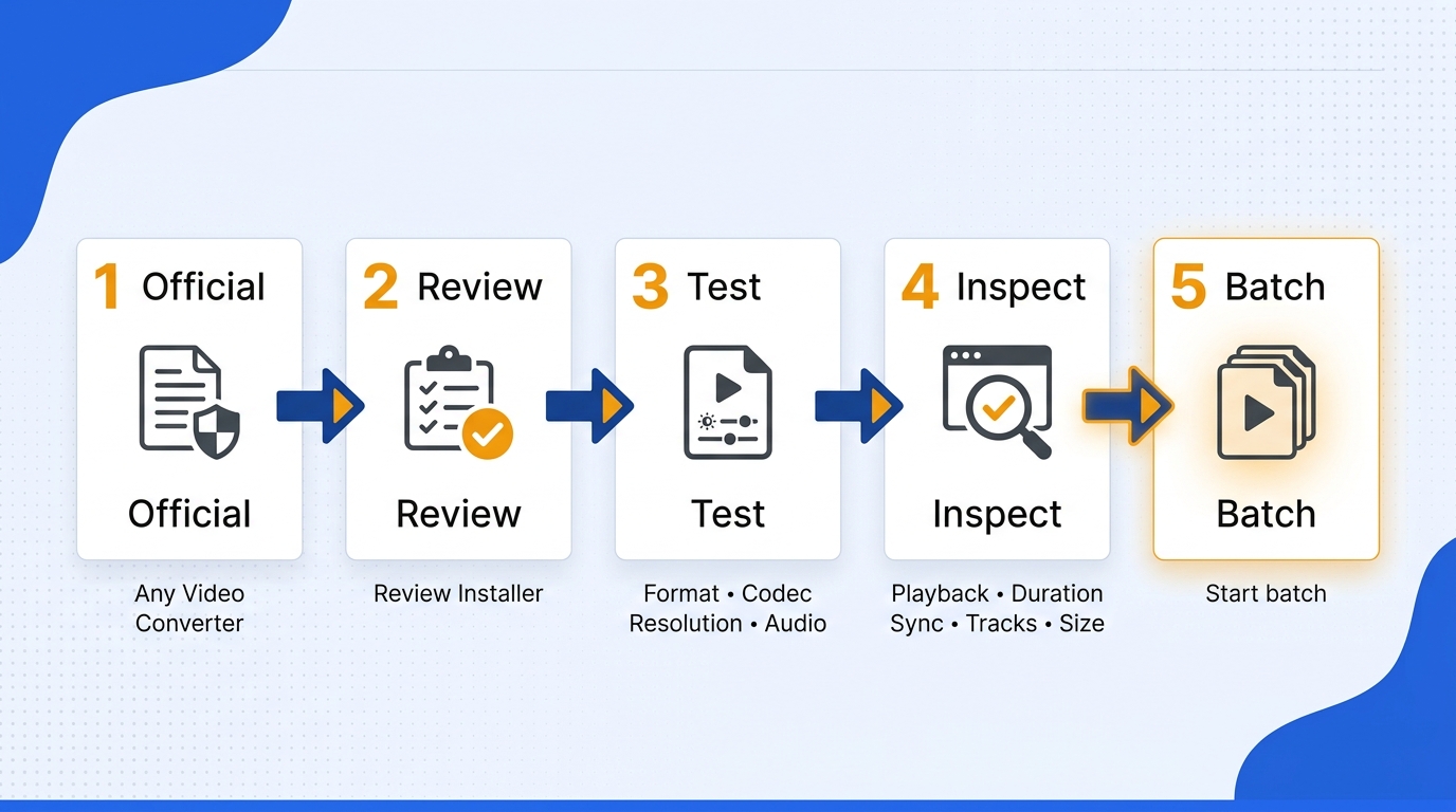 Shows the safest order for moving from an official installer to a verified batch without skipping ou