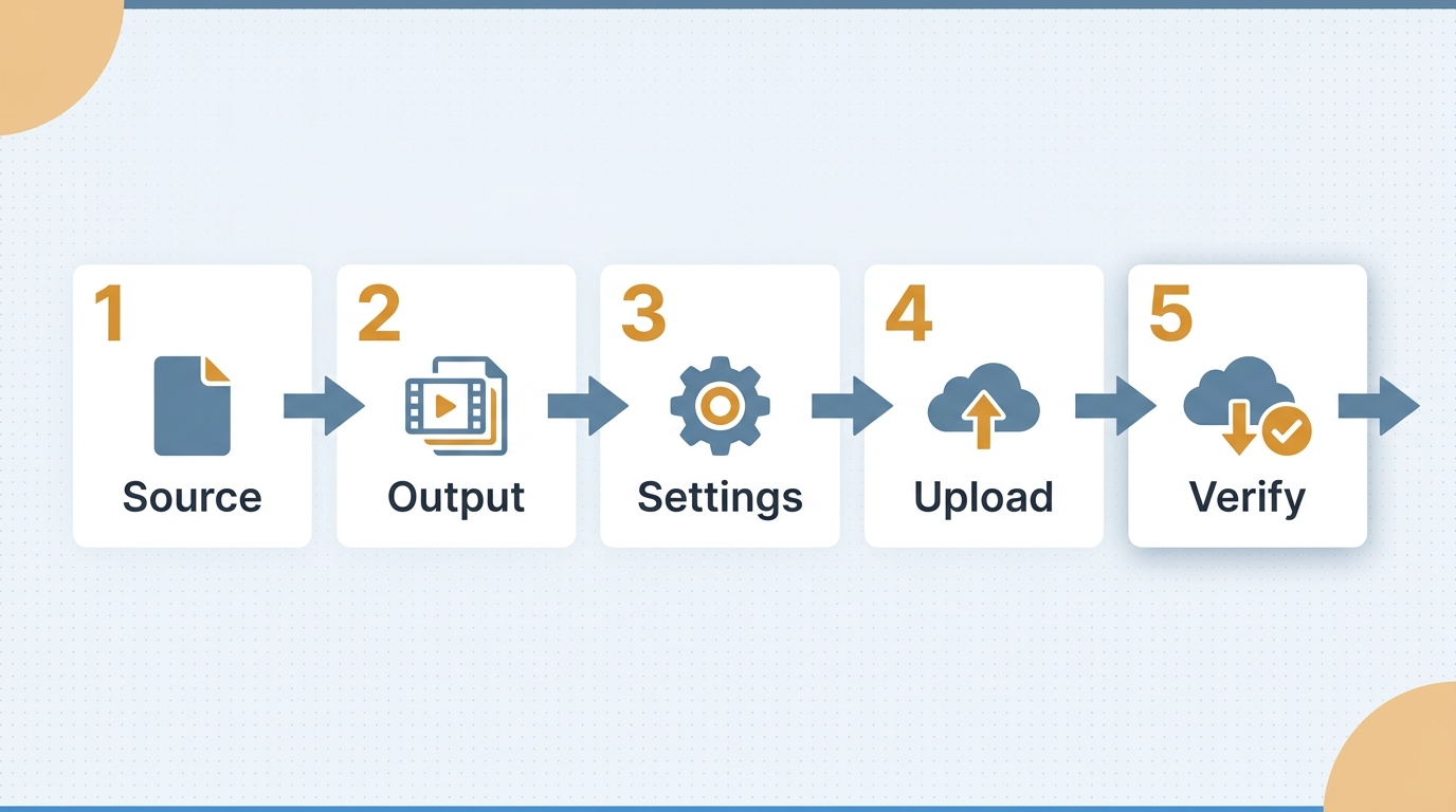 Five-step file conversion timeline from selecting a source through downloading and verifying the res