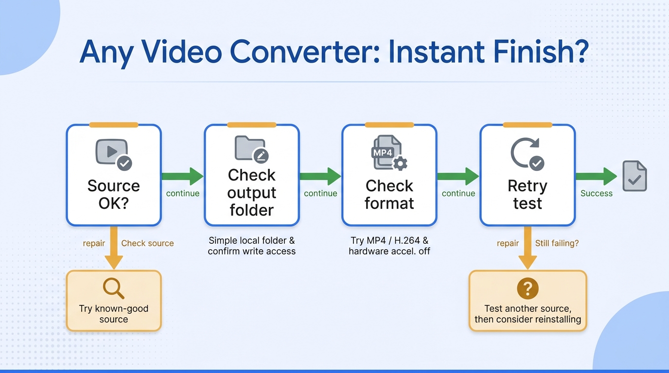 Diagnostic flowchart for a video conversion that finishes instantly or produces no usable output.