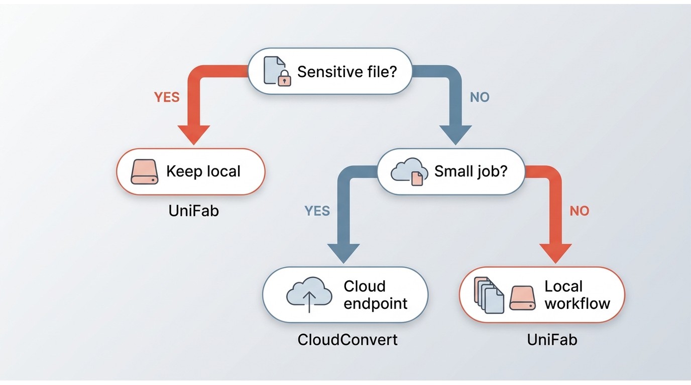 Decision flowchart for choosing remote browser conversion or local processing based on sensitivity a