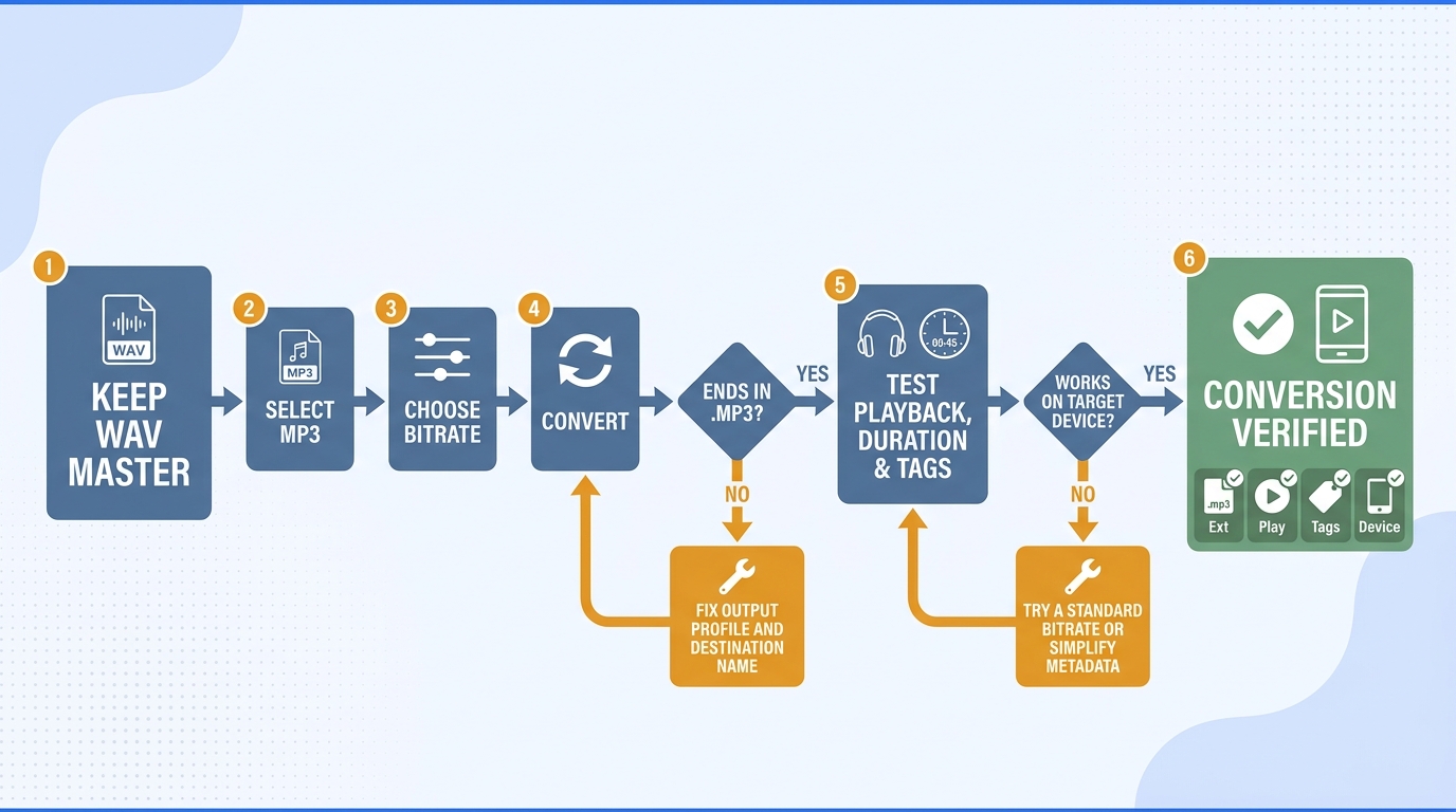 Flowchart for converting WAV to MP3 and checking the extension, playback, metadata, duration, and ta