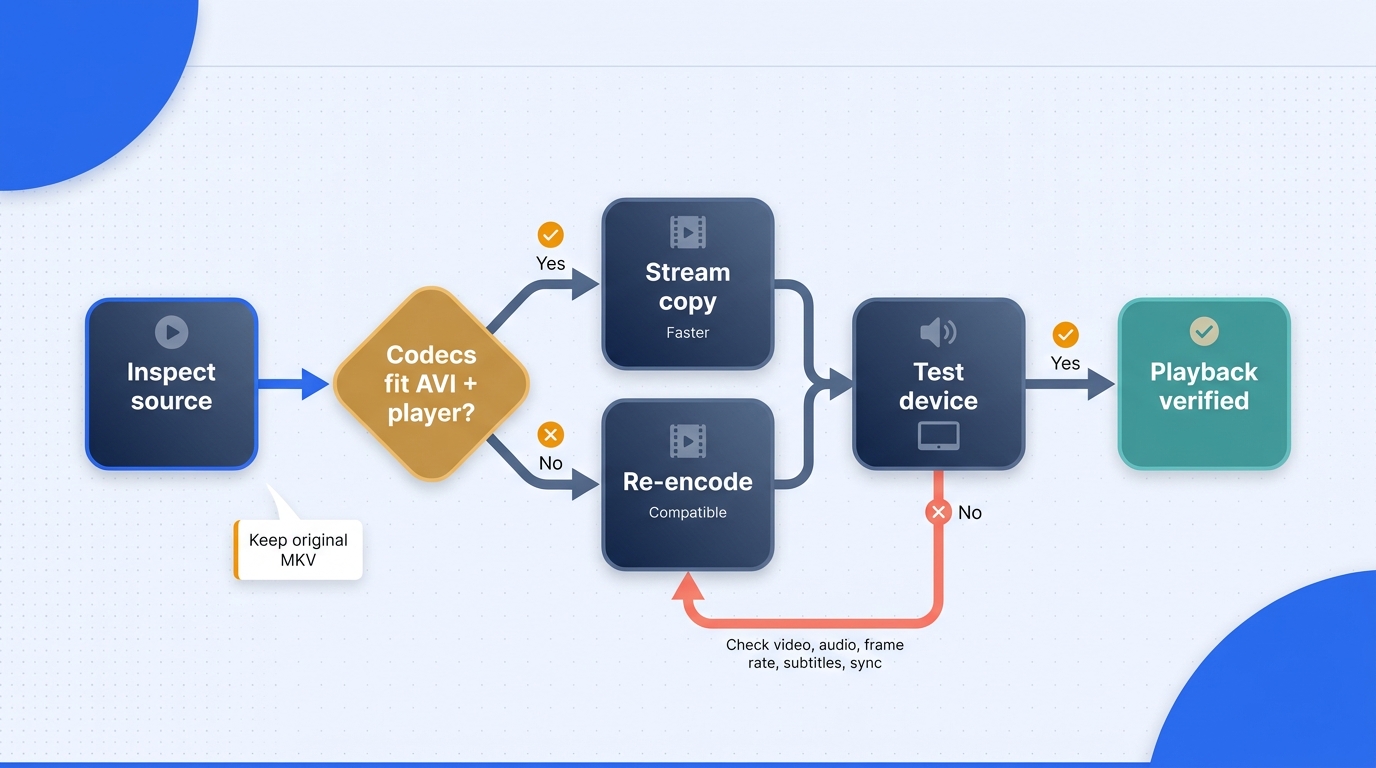 Diagnostic flowchart from source and player inspection through stream copy or re-encoding to final A
