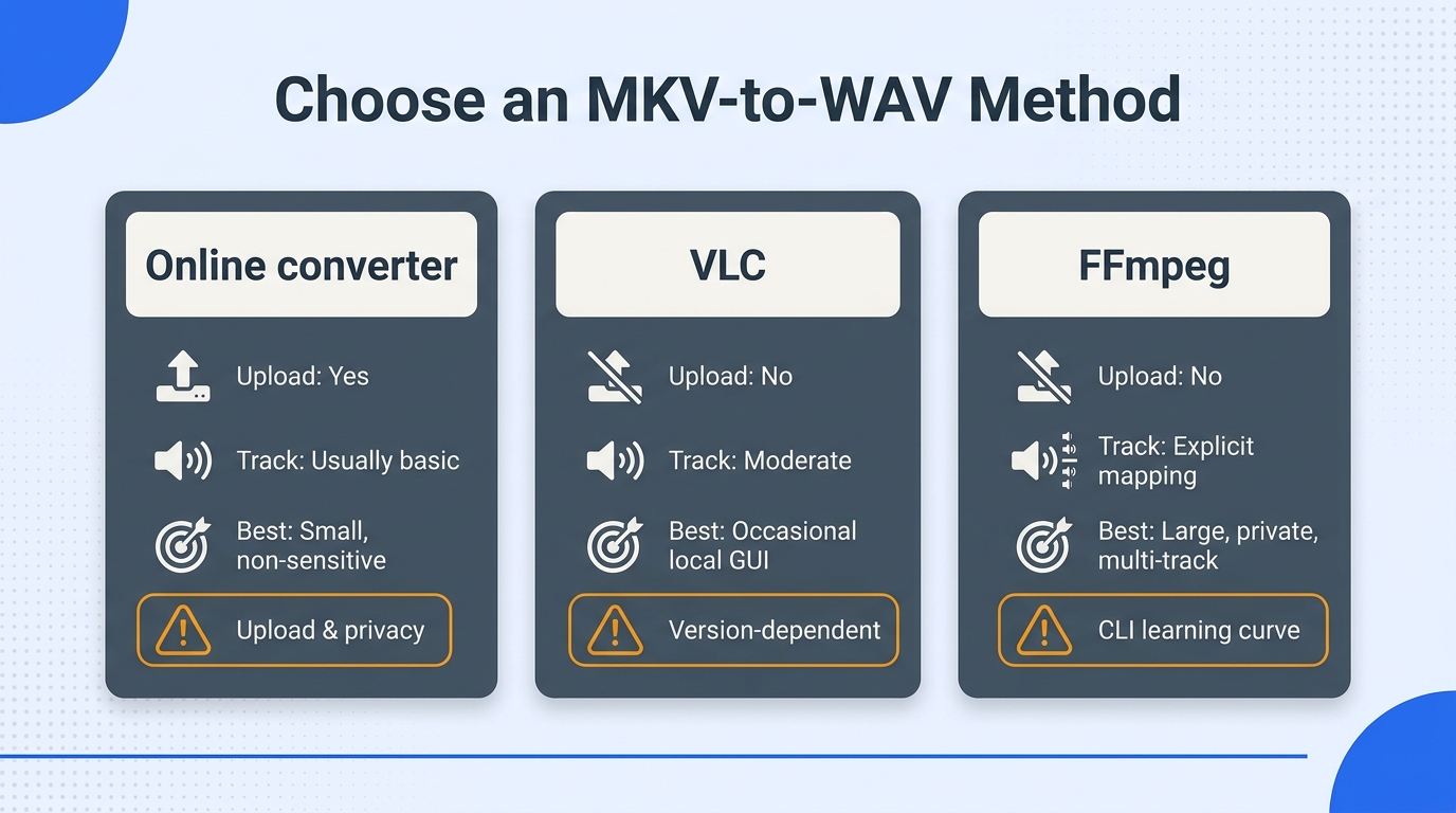 Comparison matrix showing when to use an online converter, VLC, or FFmpeg for MKV-to-WAV conversion.