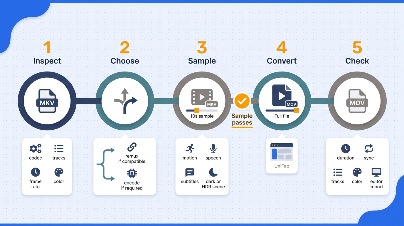 Five-stage timeline from inspecting an MKV through sample testing, full conversion, and final MOV va