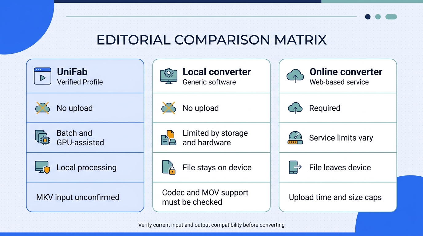 Comparison matrix of UniFab's verified profile, generic local converters, and online converters for